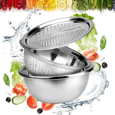 3 In 1 Multifunctional Stainless Steel Basin With Vegetable Cutter + Drain Basket
