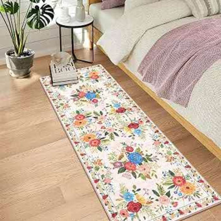 Bright White Multicolor Floral Runner Mat
